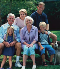 Color family photo on a bench with dog